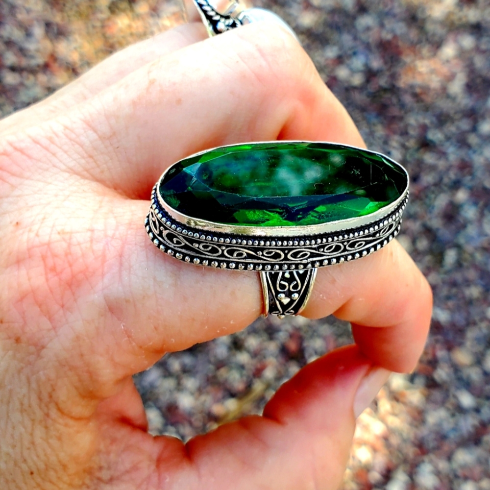 New Oversized Chrome Diopside 925 Silver Statement Ring.